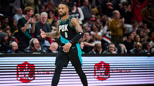 Portland Trail Blazers guard Damian Lillard celebrates a shot.